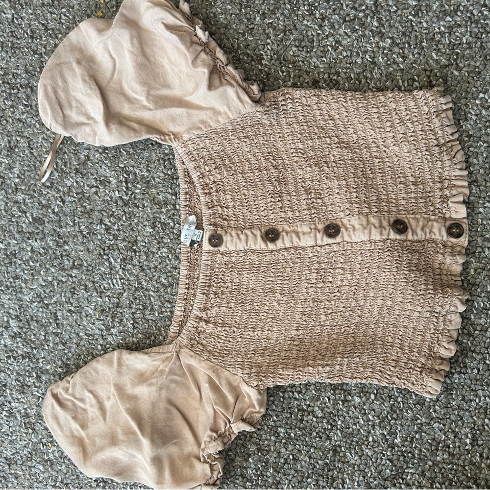 Love Tree Beige Smocked Button-Up Blouse